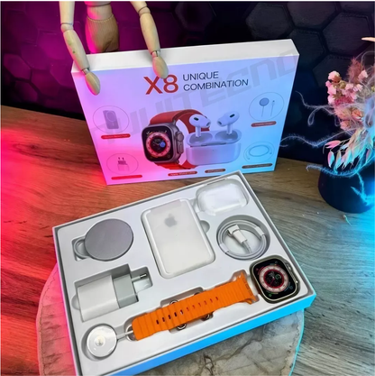 Combo reloj inteligente + airpods pro y cargador x8